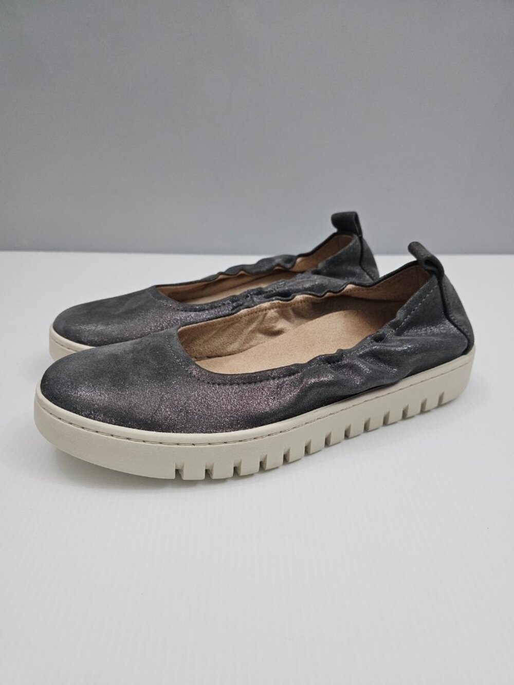 Vionic Metallic Charcoal Ballet-Style Flats with Cream Sole